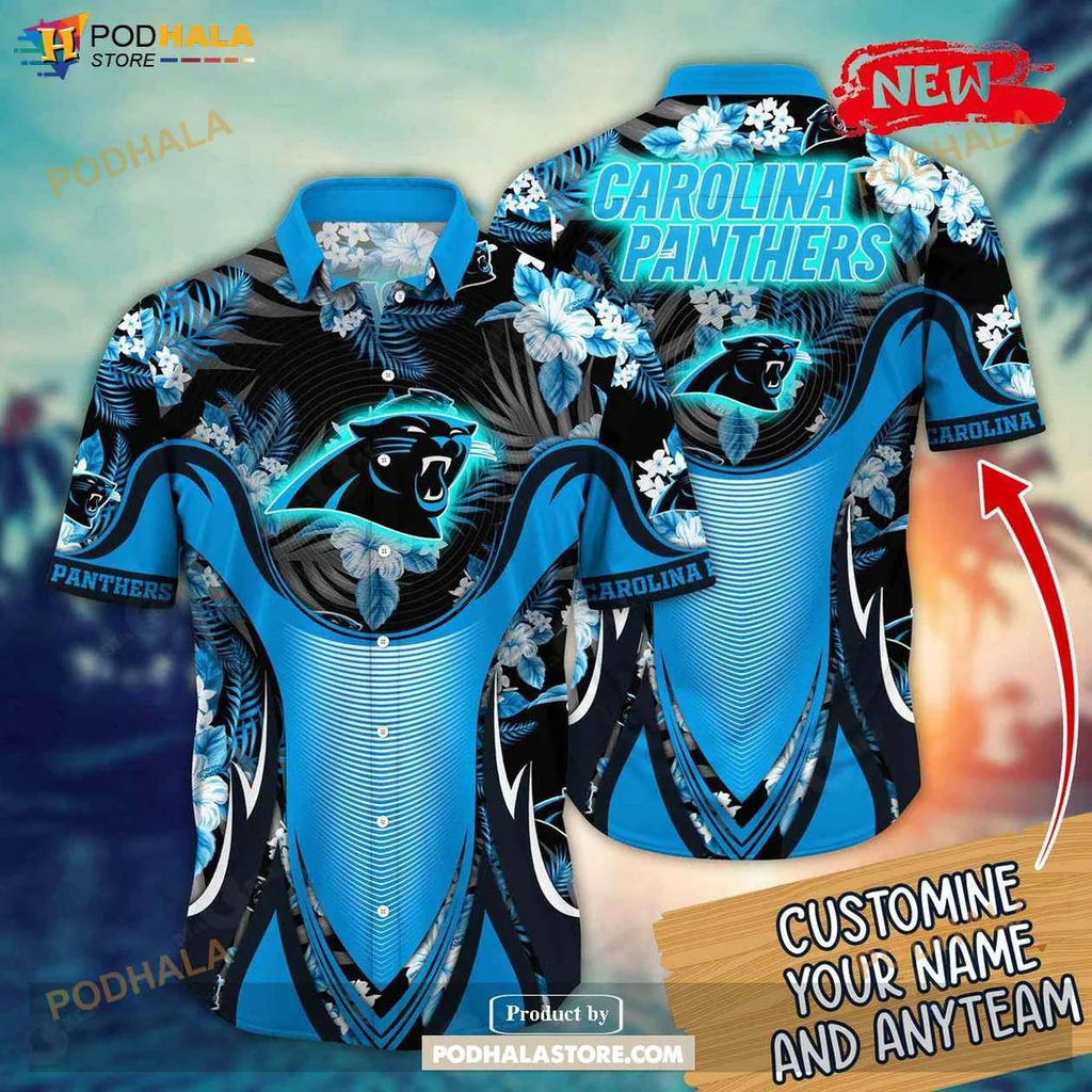 Tropical Panthers Aloha Shirt, Personalized Carolina Panthers Floral Summer Shirt