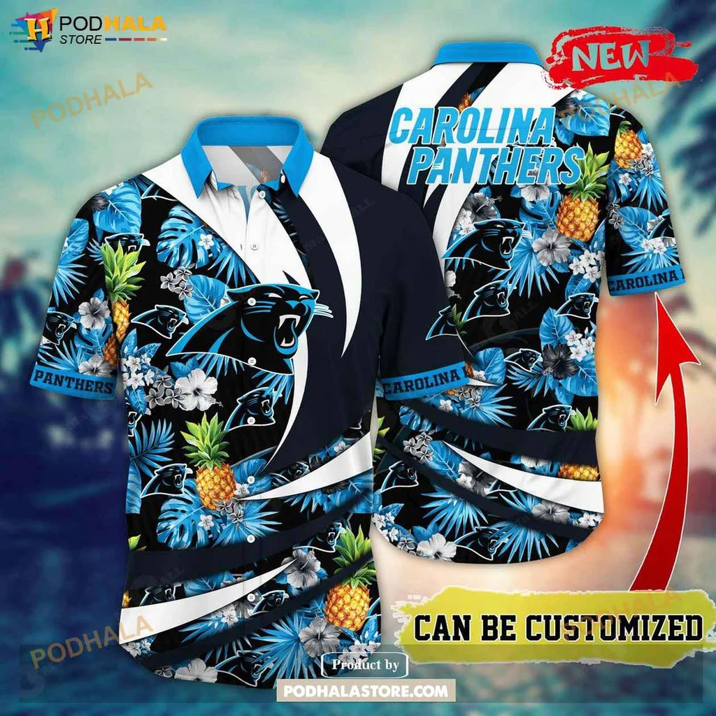 Tropical Panthers Aloha Shirt, Personalized Carolina Panthers Summer Floral Shirt