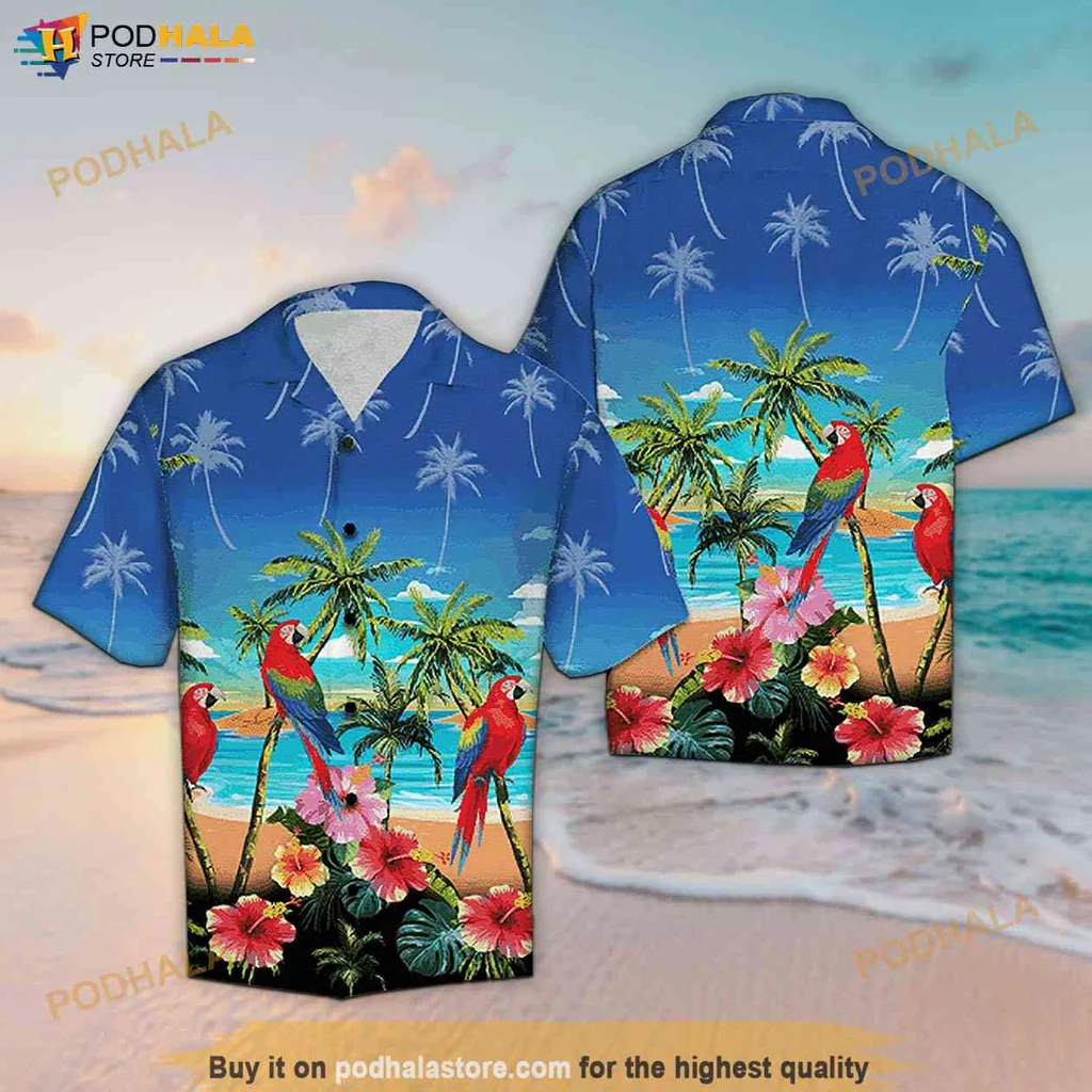 Tropical Parrot Aloha Shirt, Vibrant Sunset Palm Tree Design Hawaiian Shirt