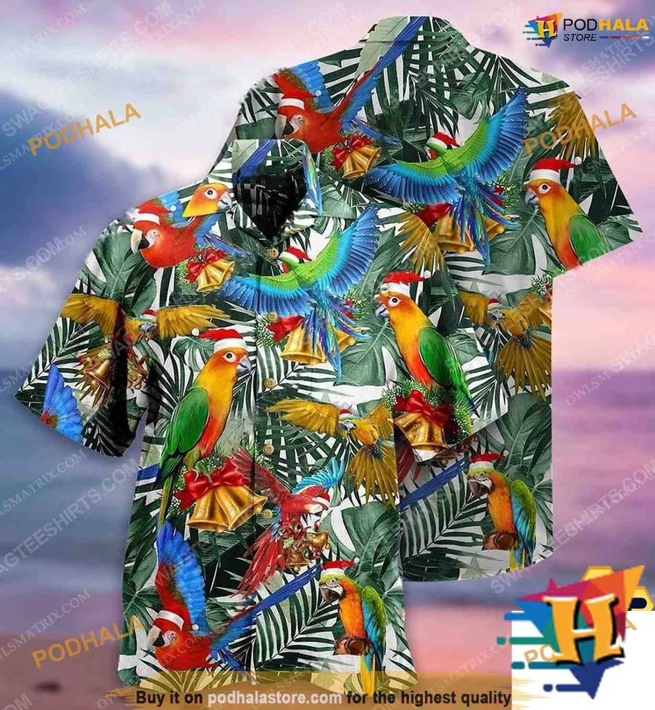 Tropical Parrot Christmas Hawaiian Shirt With Santa Hats And Palm Leaves