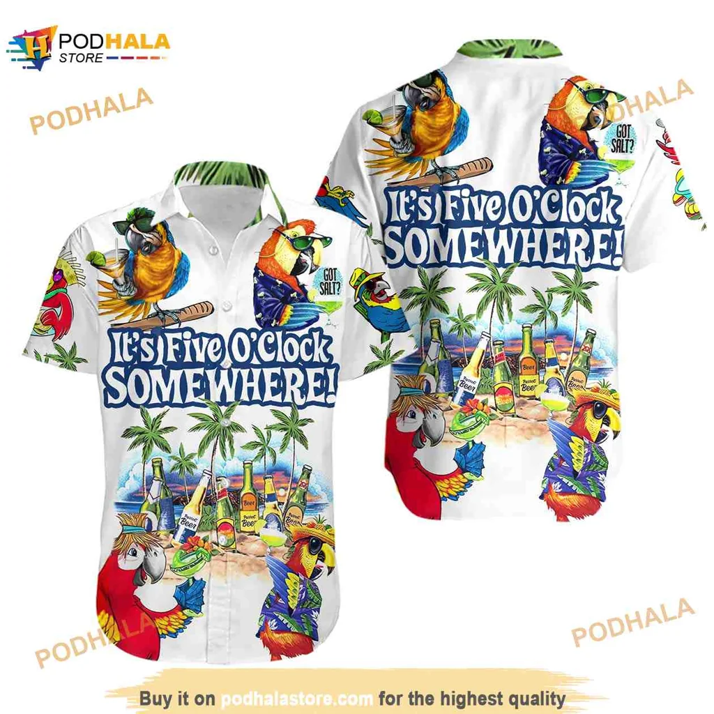 Tropical Parrots Funny Hawaiian Shirt With Its Five Oclock Somewhere Design
