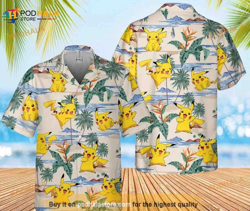 Tropical Pikachu Aloha Shirt, Fun Hawaiian Shirt With Playful Pikachu Design