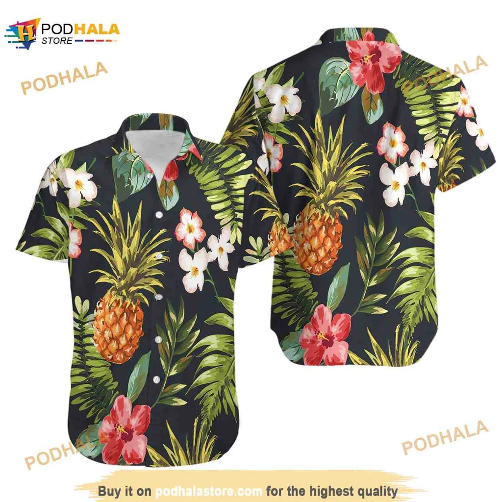 Tropical Pineapple Hibiscus Hawaiian Shirt, Vibrant Summer Vacation Style