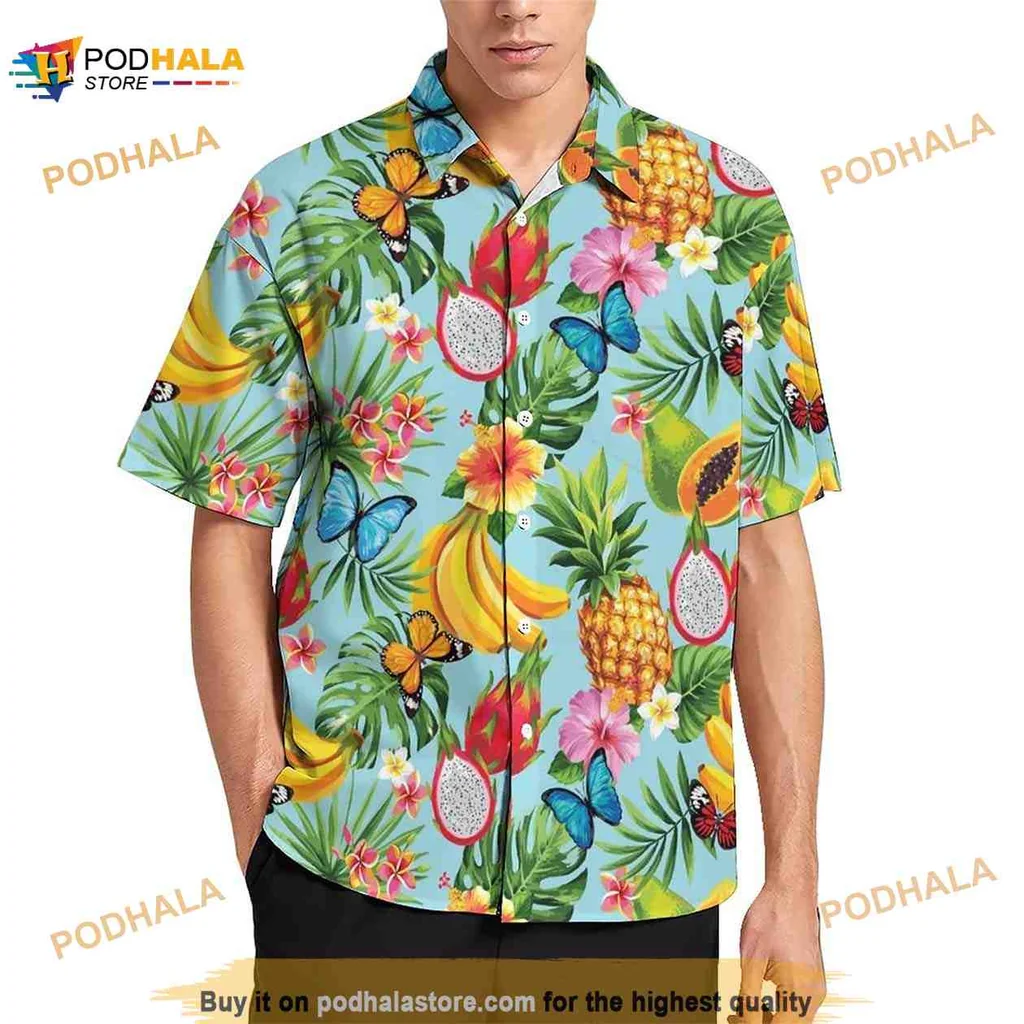 Tropical Pineapple Hibiscus Hawaiian Shirt With Butterflies