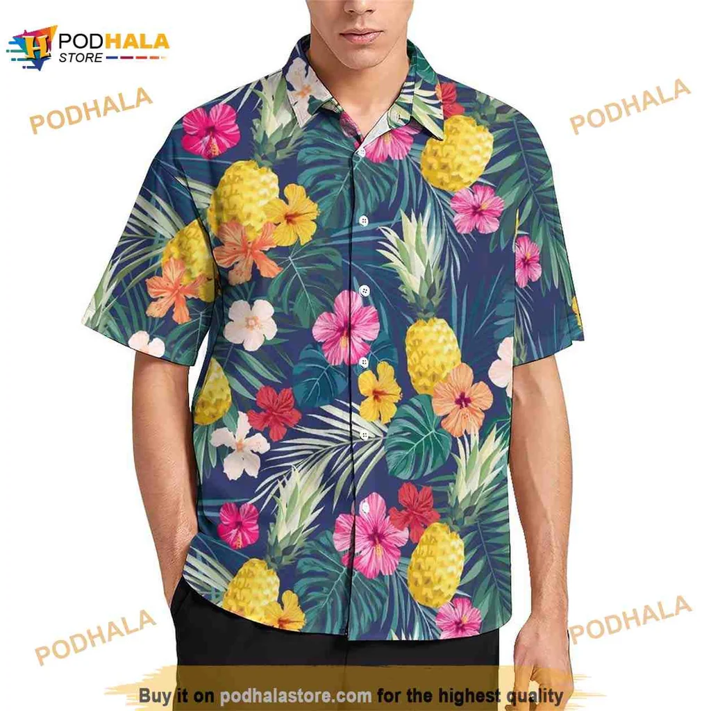 Tropical Pineapple Hibiscus Hawaiian Shirt With Colorful Floral Design