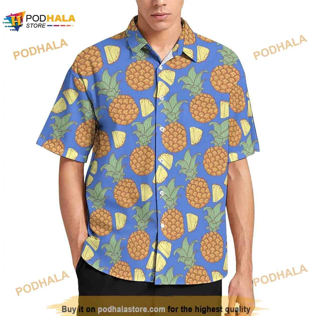 Tropical Pineapple Pattern Hawaiian Shirt, Bright Blue Summer Design