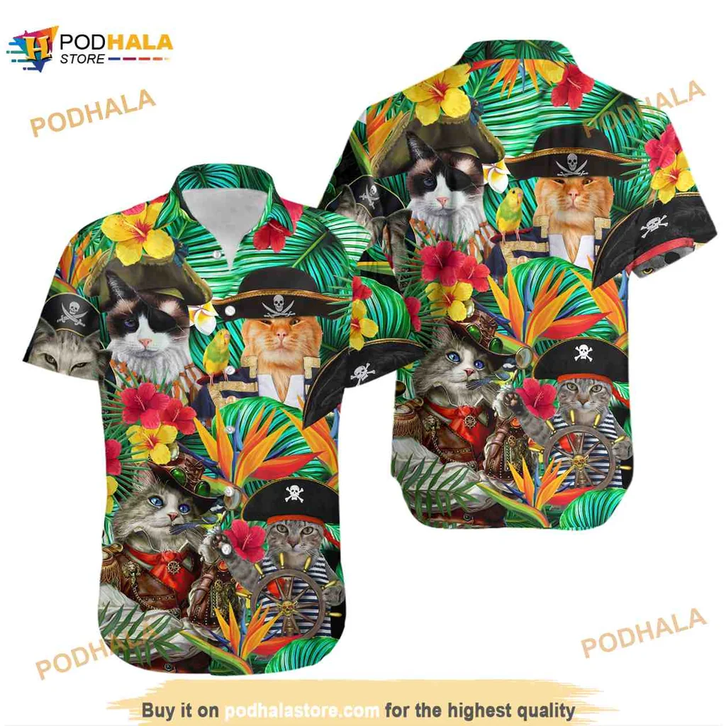 Tropical Pirate Cat Aloha Shirt For Cat Lovers And Pirate Fans