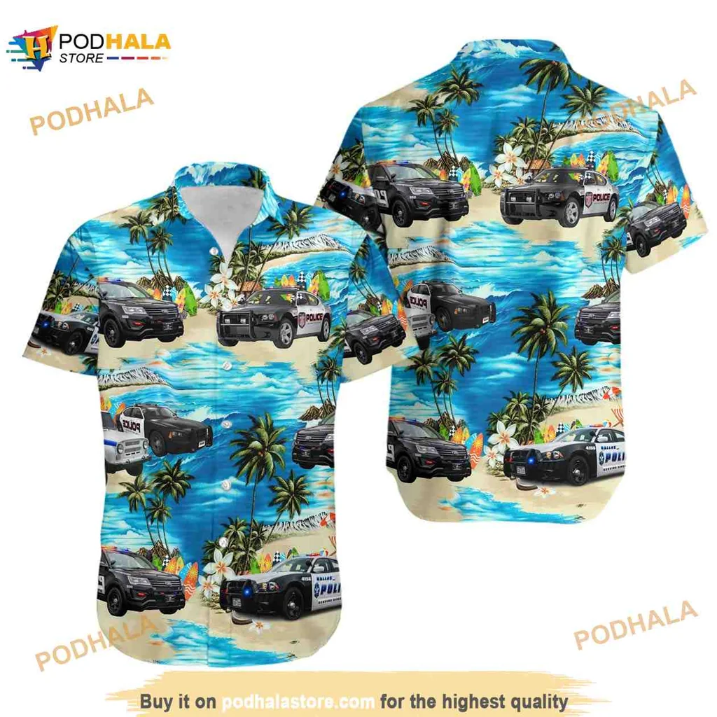 Tropical Police Car Hawaiian Shirt Featuring Vibrant Beach Scene
