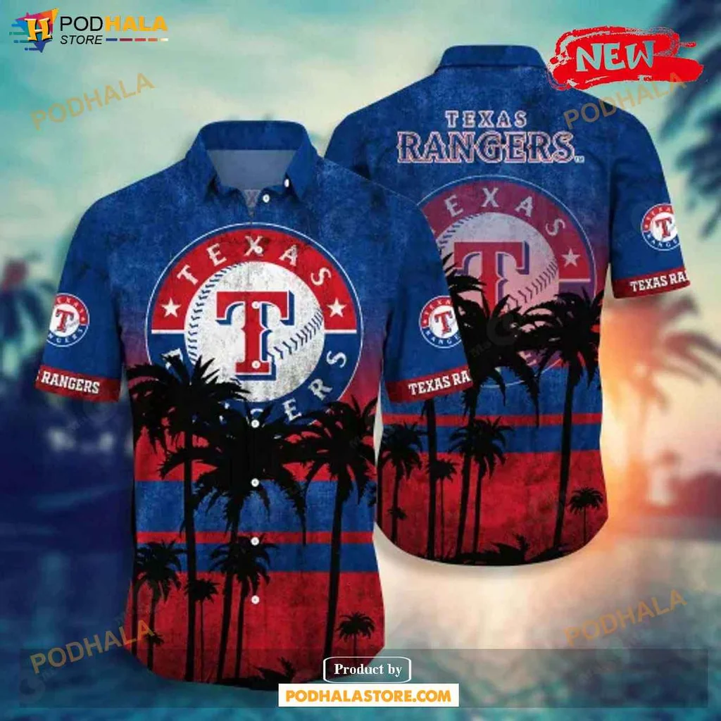 Tropical Rangers Aloha Shirt, Texas Rangers Sunset Palm Tree Graphic Shirt