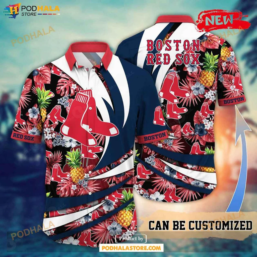 Tropical Red Sox Aloha Shirt, Vibrant Summer Baseball Shirt With Flowers And Pineapples
