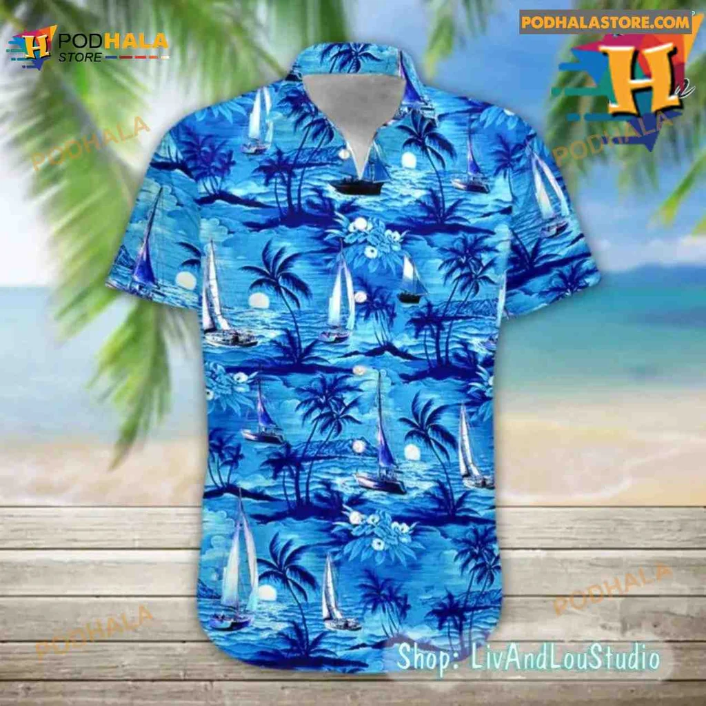 Tropical Sailing Aloha Shirt With Palm Trees And Sailboats