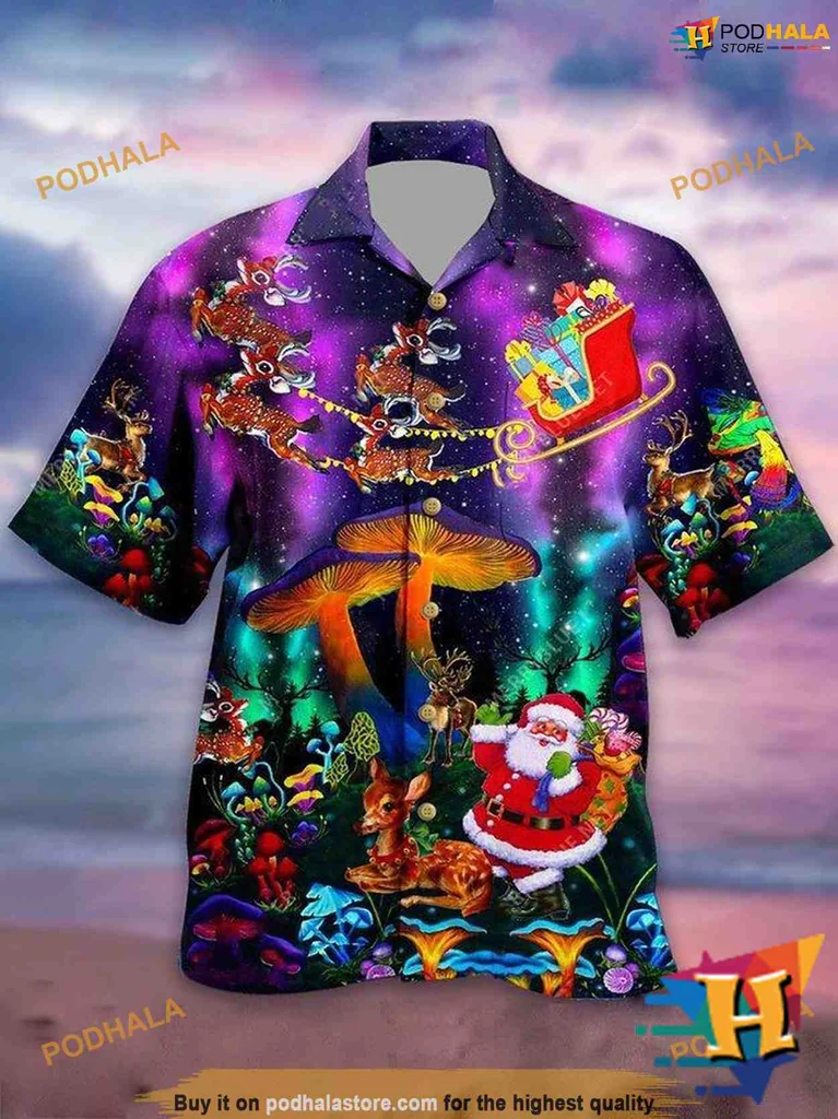 Tropical Santa Claus Hawaiian Shirt, Colorful Holiday Design With Reindeer