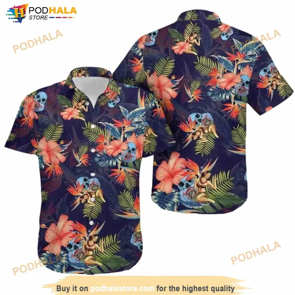 Tropical Skull Hawaiian Shirt With Colorful Hibiscus And Palm Leaves