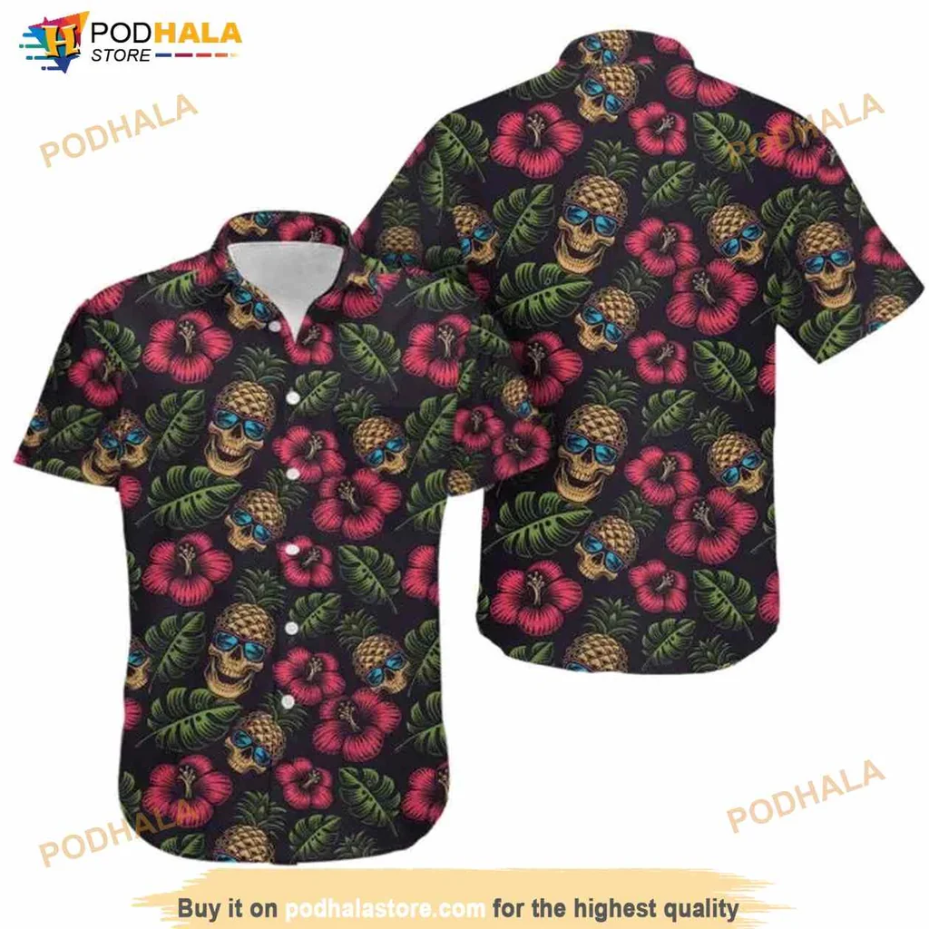 Tropical Skull Hawaiian Shirt With Pineapple Motif And Hibiscus Flowers