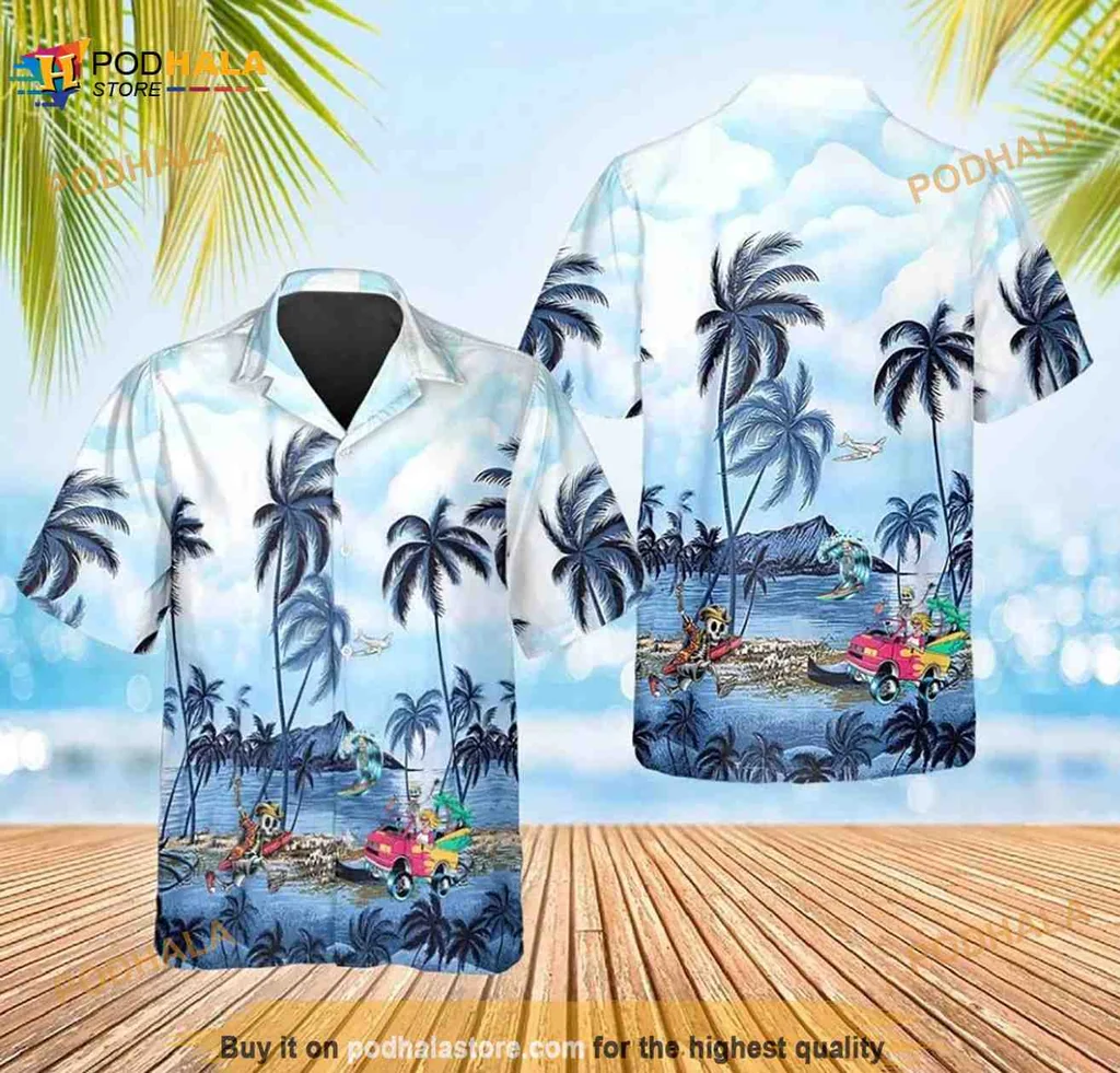Tropical Skull Palm Tree Hawaiian Shirt With Vintage Cars