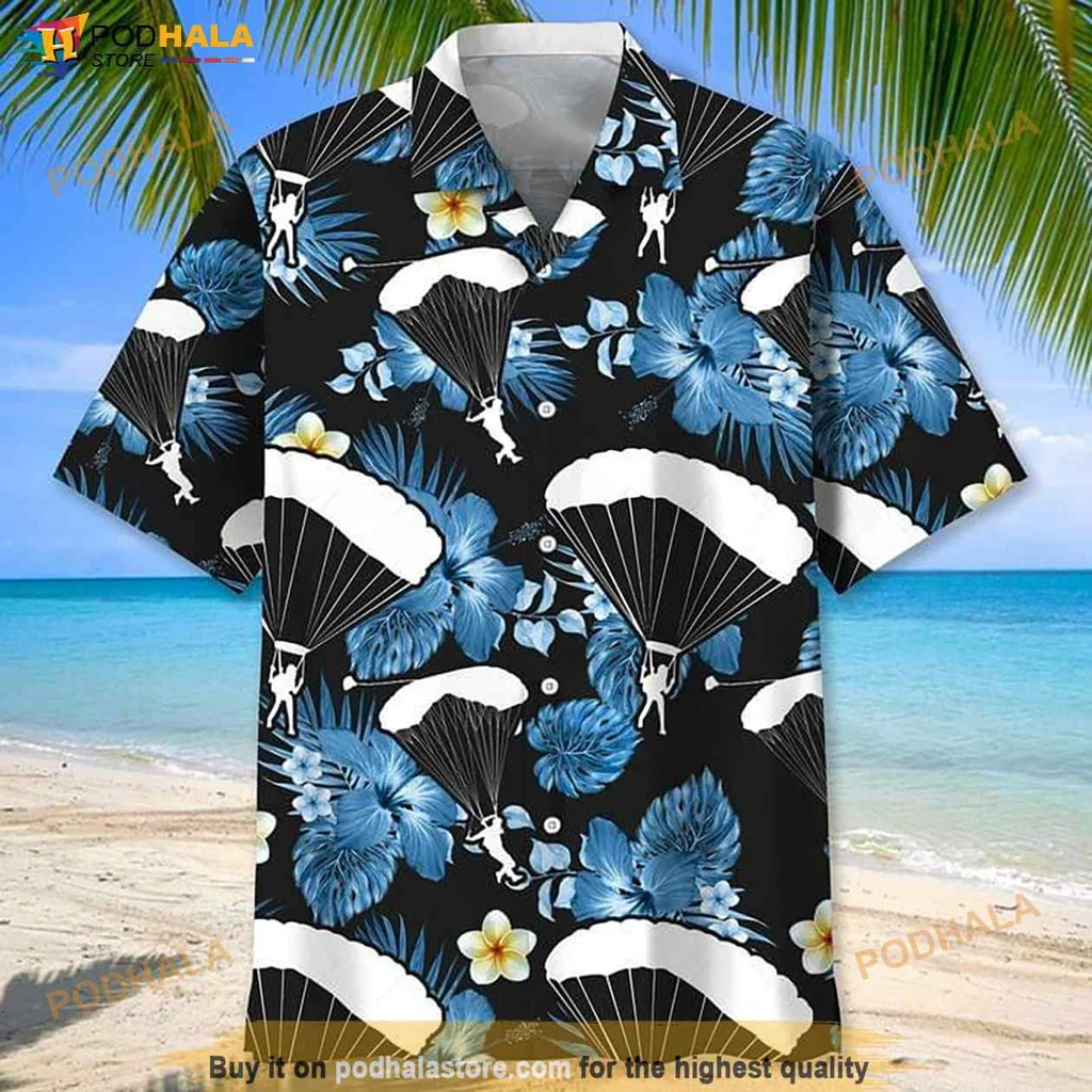 Tropical Skydiving Hawaiian Shirt, Vibrant Print With Parachutists And Flowers