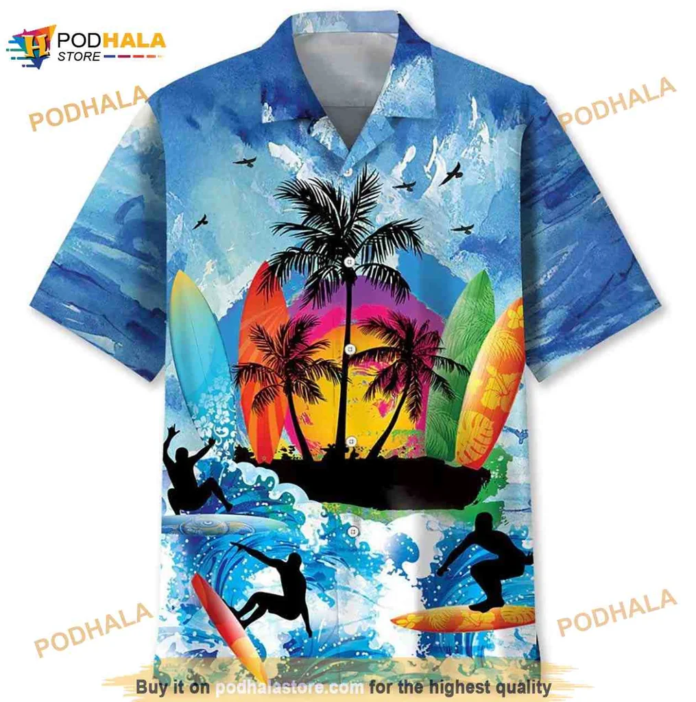 Tropical Surfing Hawaiian Shirt With Colorful Surfers And Palm Trees