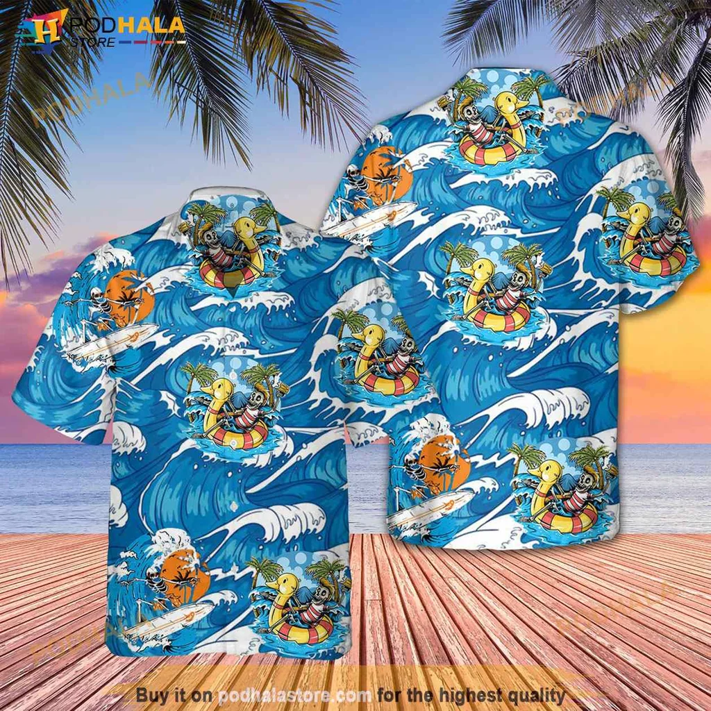 Tropical Surfing Skull Hawaiian Shirt With Colorful Floral Leis