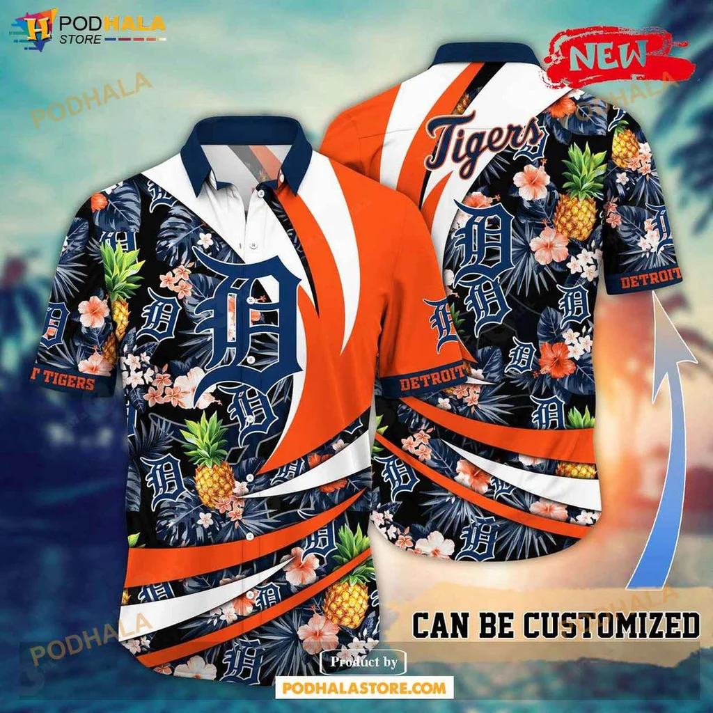 Tropical Tigers Aloha Shirt, Vibrant Detroit Tigers Floral Pineapple Shirt