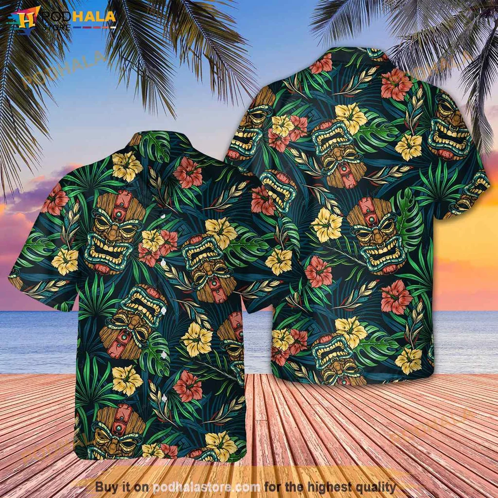 Tropical Tiki Aloha Shirt, Vibrant Hawaiian Shirt With Tiki Masks And Palm Leaves