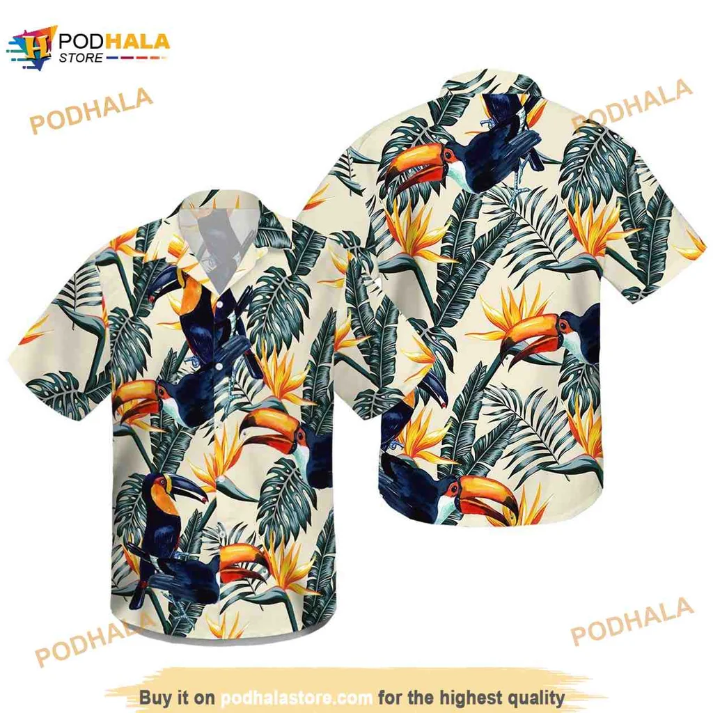 Tropical Toucan Floral Hawaiian Shirt With Colorful Flowers And Leaves