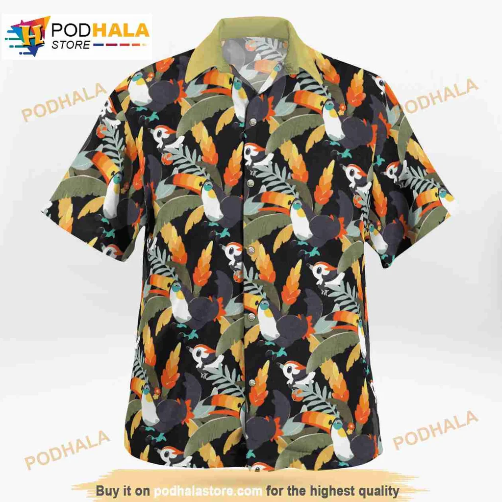 Tropical Toucan Hawaiian Shirt, Colorful Cartoon Toucans And Leaves Design