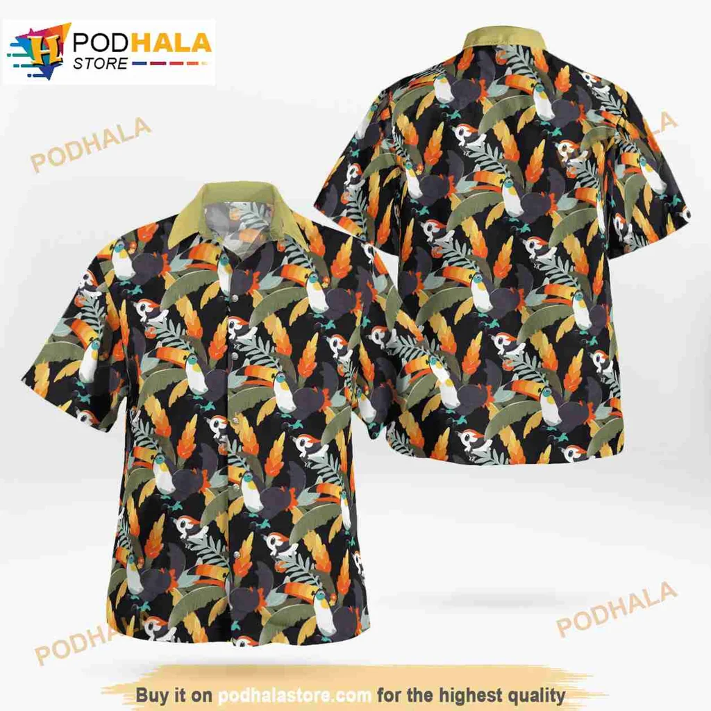 Tropical Toucan Aloha Shirt, Colorful Cartoon Toucans And Leaves Design Tropical Toucan Aloha Shirt, Colorful Cartoon Toucans And Leaves Design