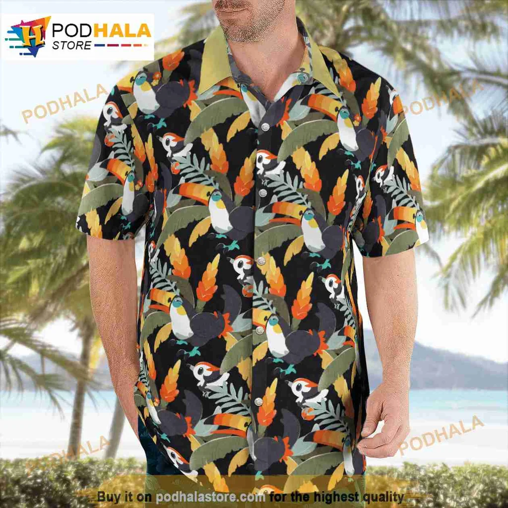 Tropical Toucan Short-sleeve button-up shirt, Colorful Cartoon Toucans And Leaves Design Tropical Toucan Short-sleeve button-up shirt, Colorful Cartoon Toucans And Leaves Design