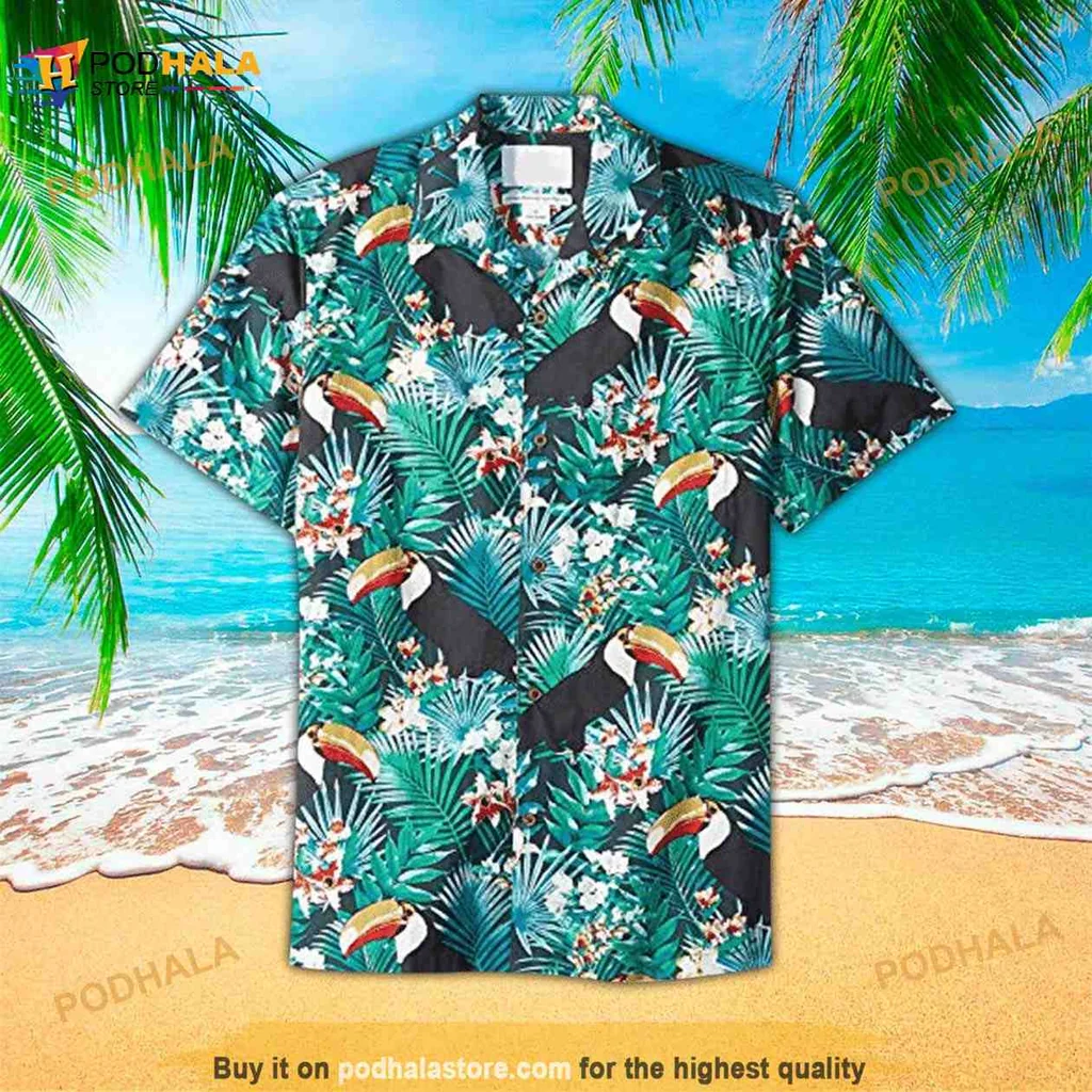 Tropical Toucan Hawaiian Shirt With Vibrant Green Leaves And Colorful Flowers