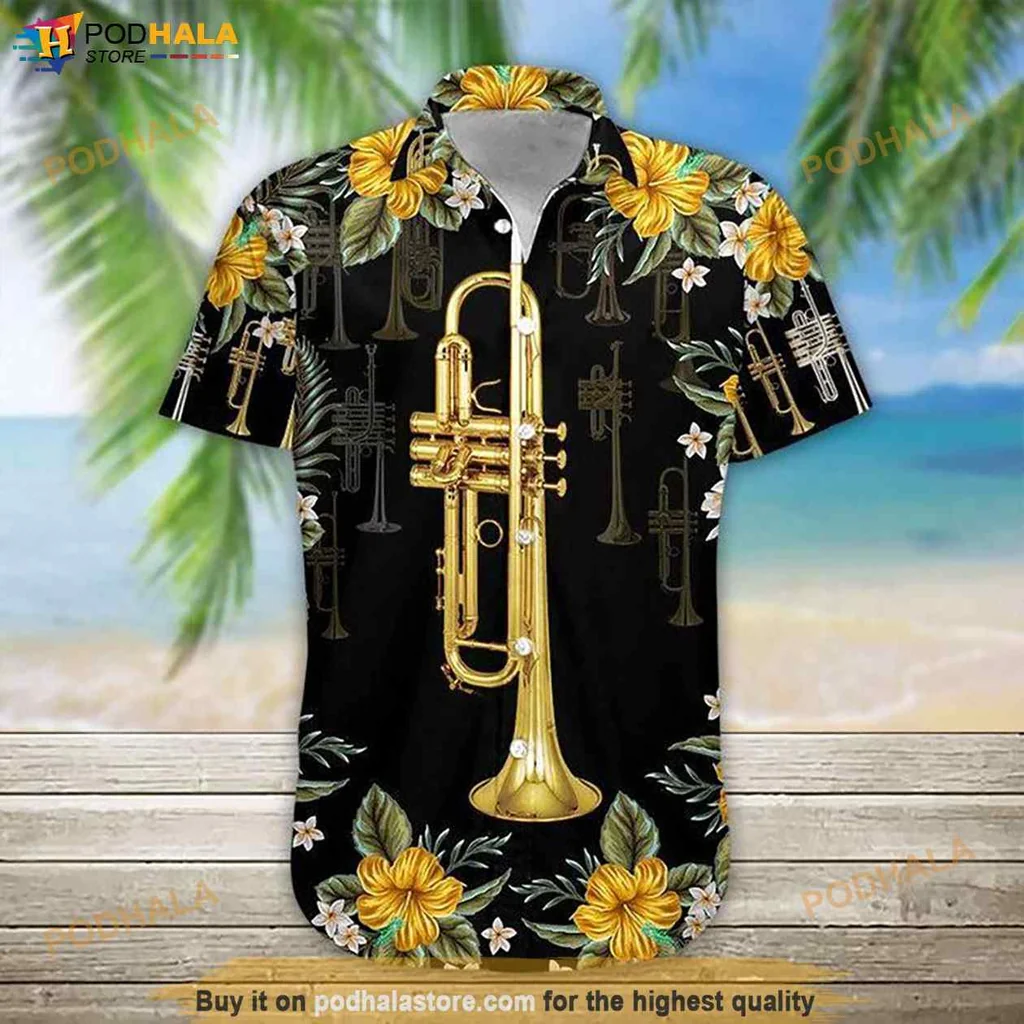 Tropical Trumpet Lover Hawaiian Shirt, Vibrant Musical Design With Tropical Foliage