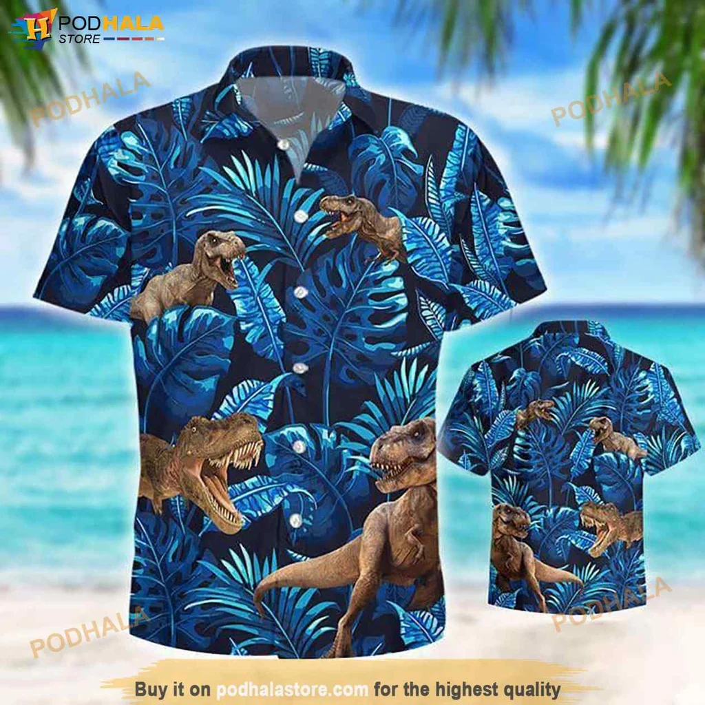 Tropical Tyrannosaurus Rex Hawaiian Shirt, Vibrant Dinosaur Design With Tropical Foliage
