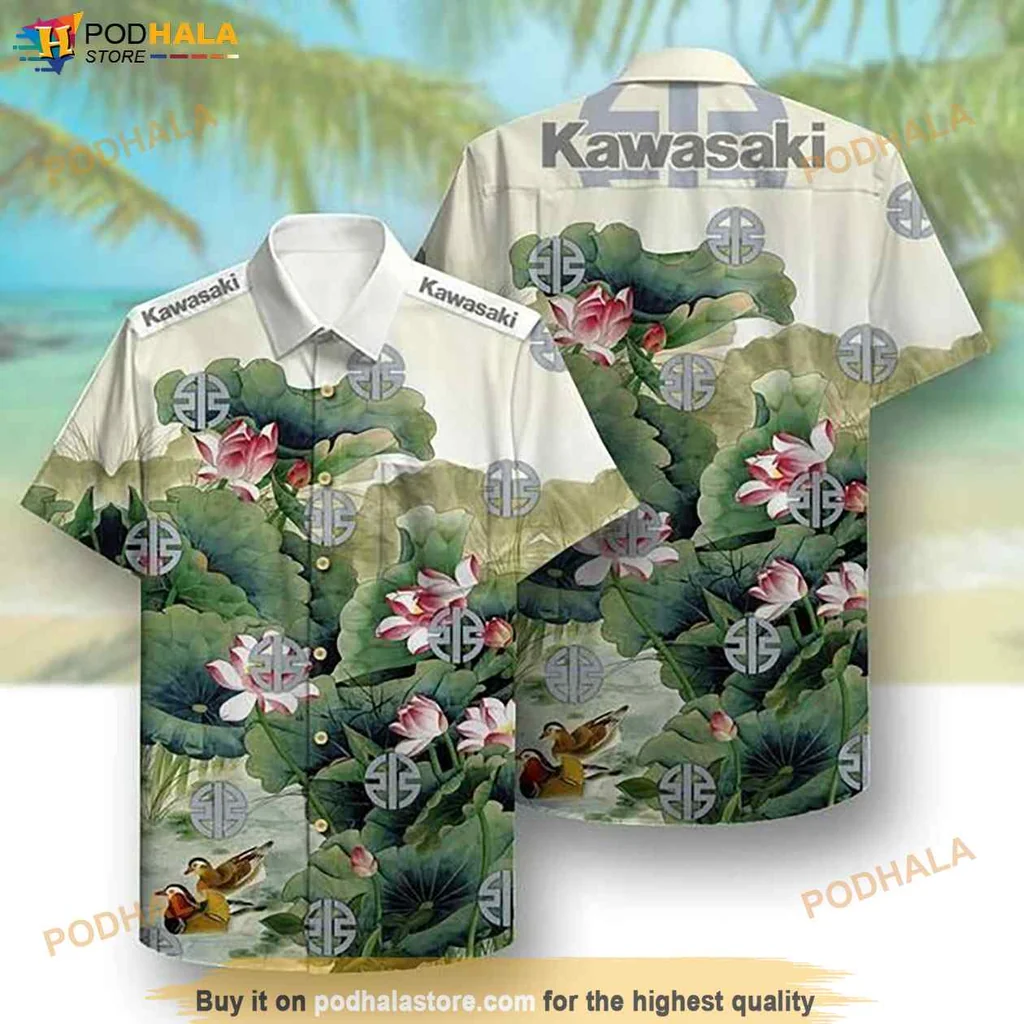 Tropical Vintage Aloha Hawaiian Shirt With Green Leaves And Pink Lotus Flowers
