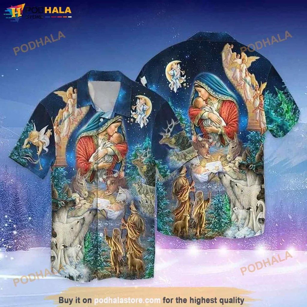 Tropical Virgin Mary Hawaiian Shirt With Serene Nature Scene And Vibrant Colors