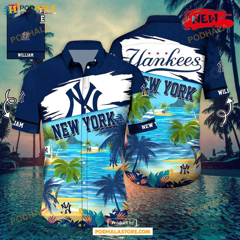 Tropical Yankees Aloha Shirt, Vibrant Beach Shirt With Palm Trees And Yankees Logo