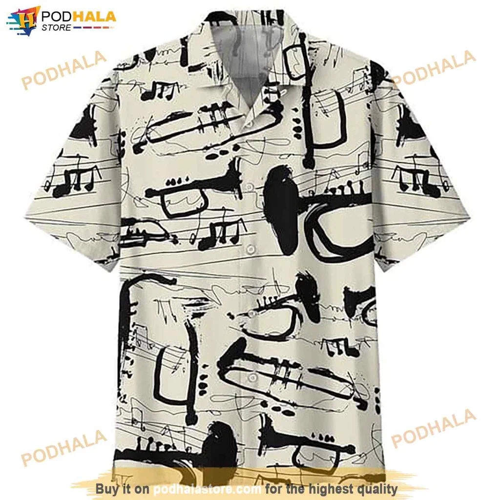 Trumpet Lover Hawaiian Shirt, Tropical Design With Trumpet Graphics And Musical Notes