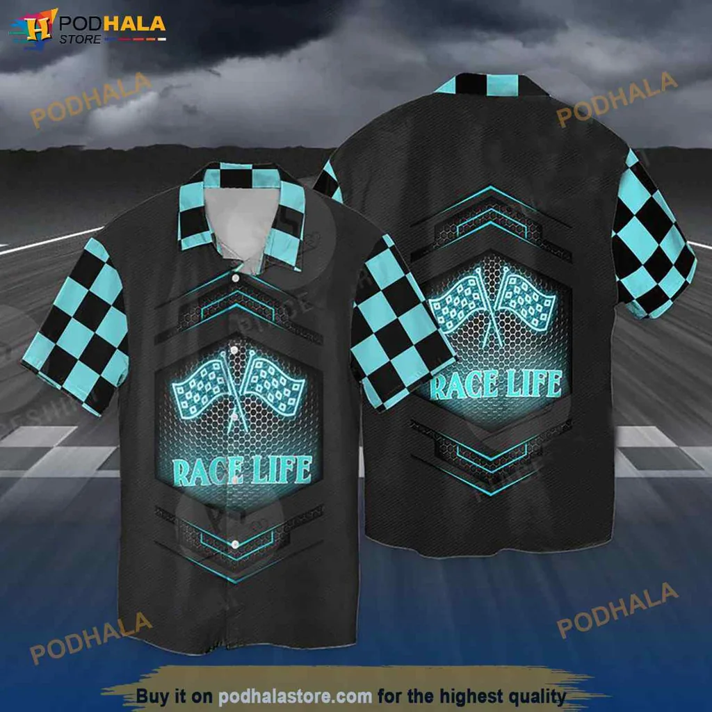 Turquoise Racing Life Hawaiian Shirt, Vibrant Checkered Design For Motorsport Enthusiasts