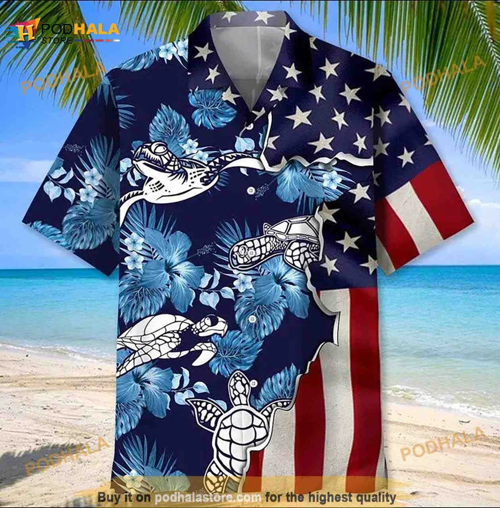 Turtle American Flag Hawaiian Shirt With Tropical Hibiscus Design