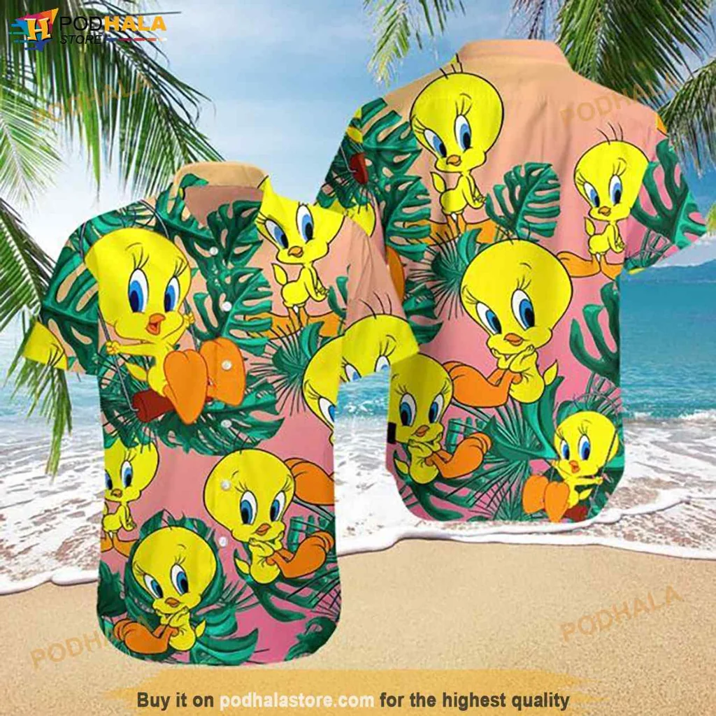 Tweety Bird Aloha Shirt, Vibrant Tropical Design With Classic Cartoon Character