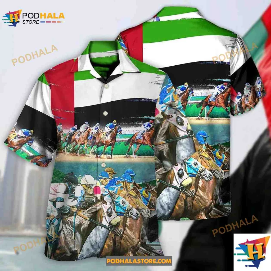 Uae Flag Horse Racing Hawaiian Shirt Featuring Vibrant Horses And Jockeys