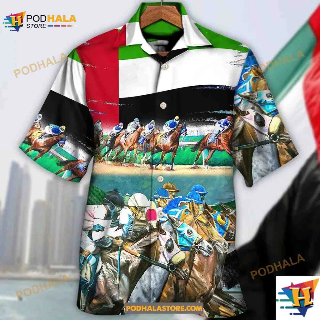 Uae Flag Horse Racing Aloha Shirt Featuring Vibrant Horses And Jockeys Uae Flag Horse Racing Aloha Shirt Featuring Vibrant Horses And Jockeys