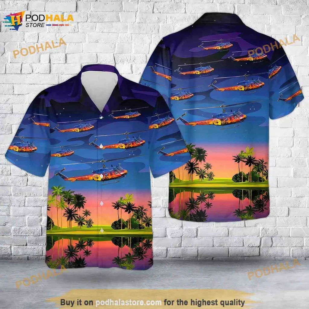 Uh 1d Iroquois Tropical Hawaiian Shirt With Sunset And Helicopters