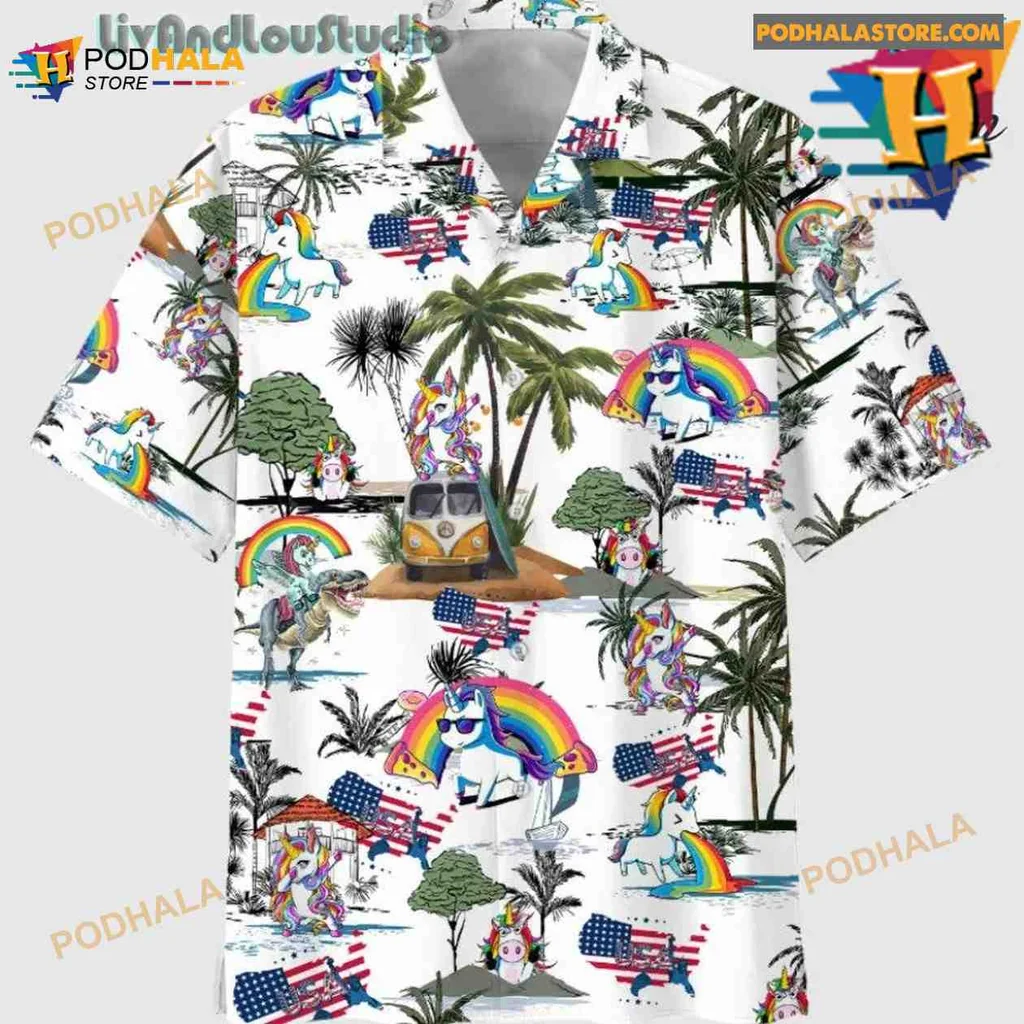 Unicorn Dinosaur Tropical Hawaiian Shirt With Rainbow Mane And Palm Trees