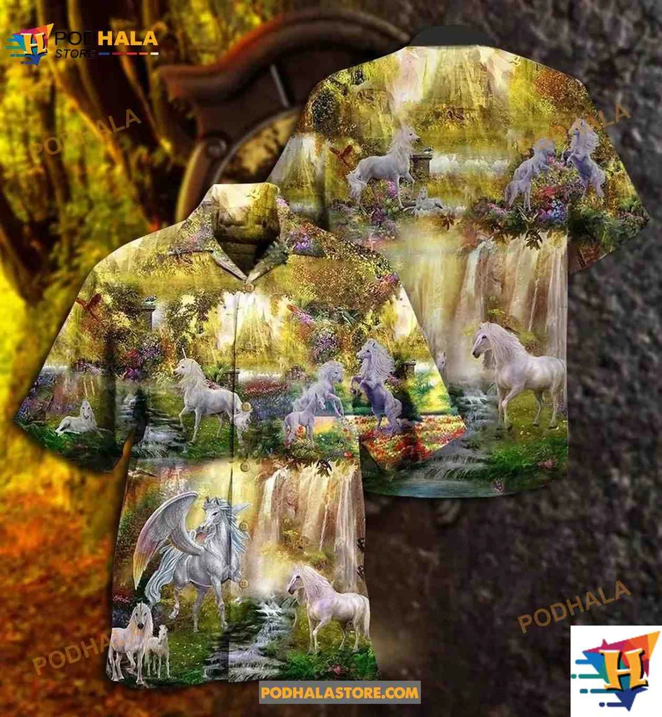 Unicorn Enchanted Forest Aloha Shirt, Magical Winged Creatures Design Unicorn Enchanted Forest Aloha Shirt, Magical Winged Creatures Design