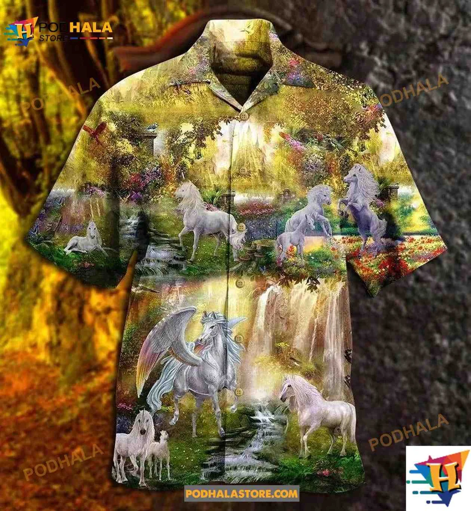 Unicorn Paradise Aloha Shirt Featuring Majestic Winged Horses Unicorn Paradise Aloha Shirt Featuring Majestic Winged Horses