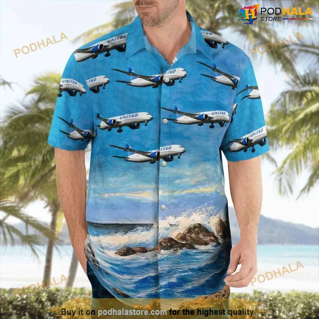 United Airlines Aviation Aloha Shirt With Boeing 787 9 Dreamliner Design