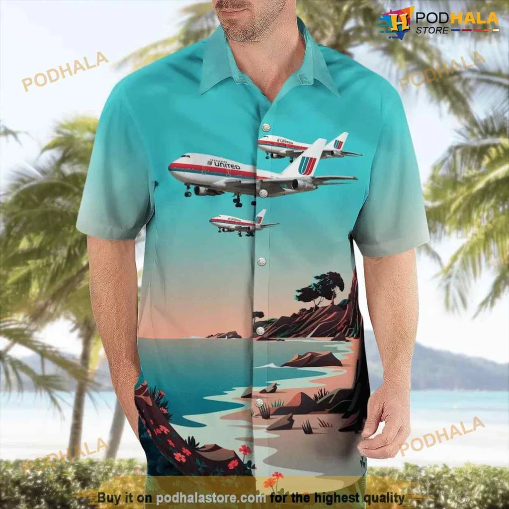 United Airlines Aviation Hawaiian Shirt Featuring Scenic Landscape And Retro Design