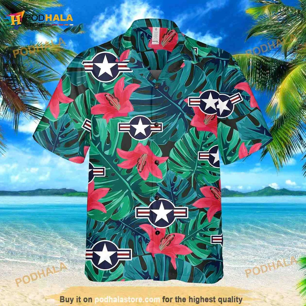United States Air Force Hawaiian Shirt With Tropical Hibiscus And Leaves
