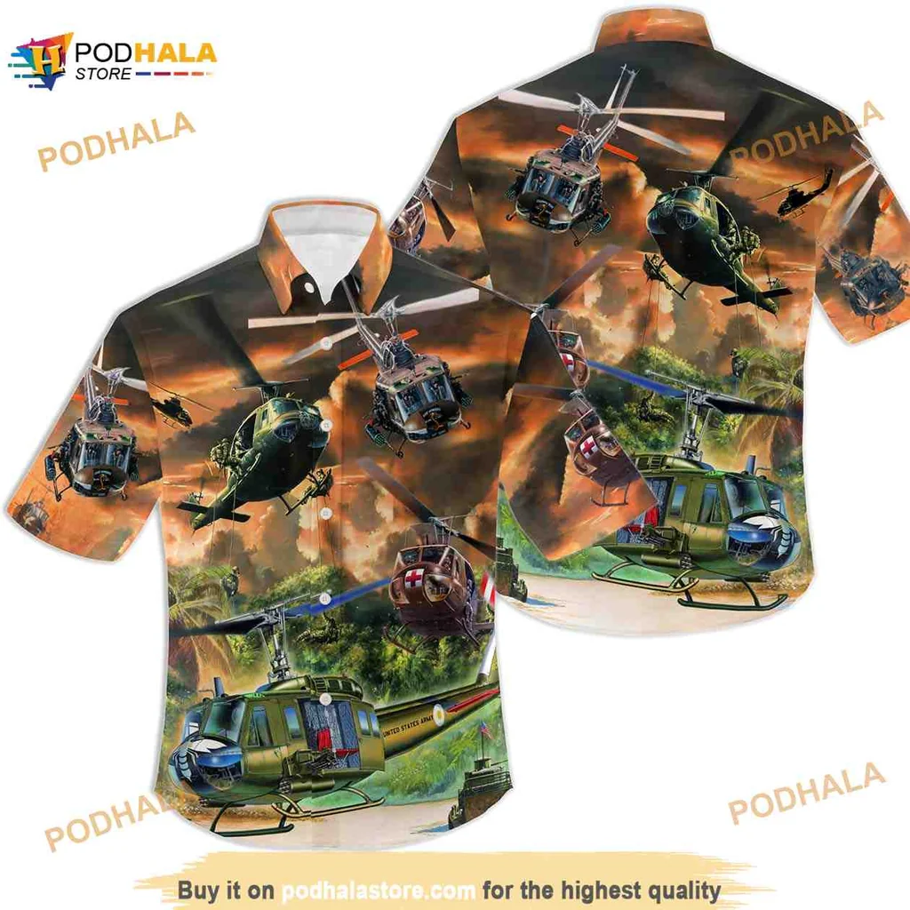 United States Army Helicopter Hawaiian Shirt With Vibrant Sky Print