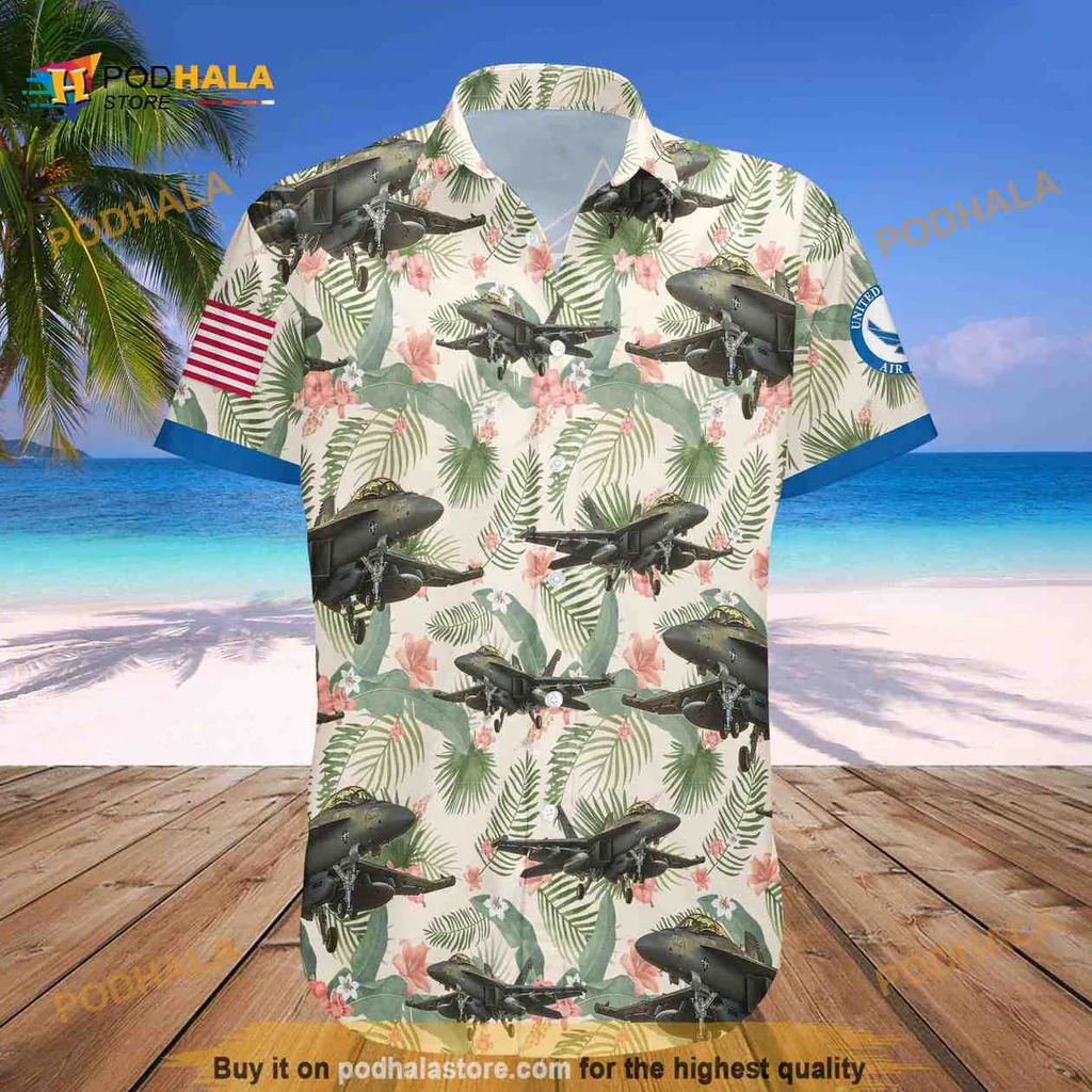 Us Air Force Tropical Hawaiian Shirt With Fighter Jets And Palm Leaves