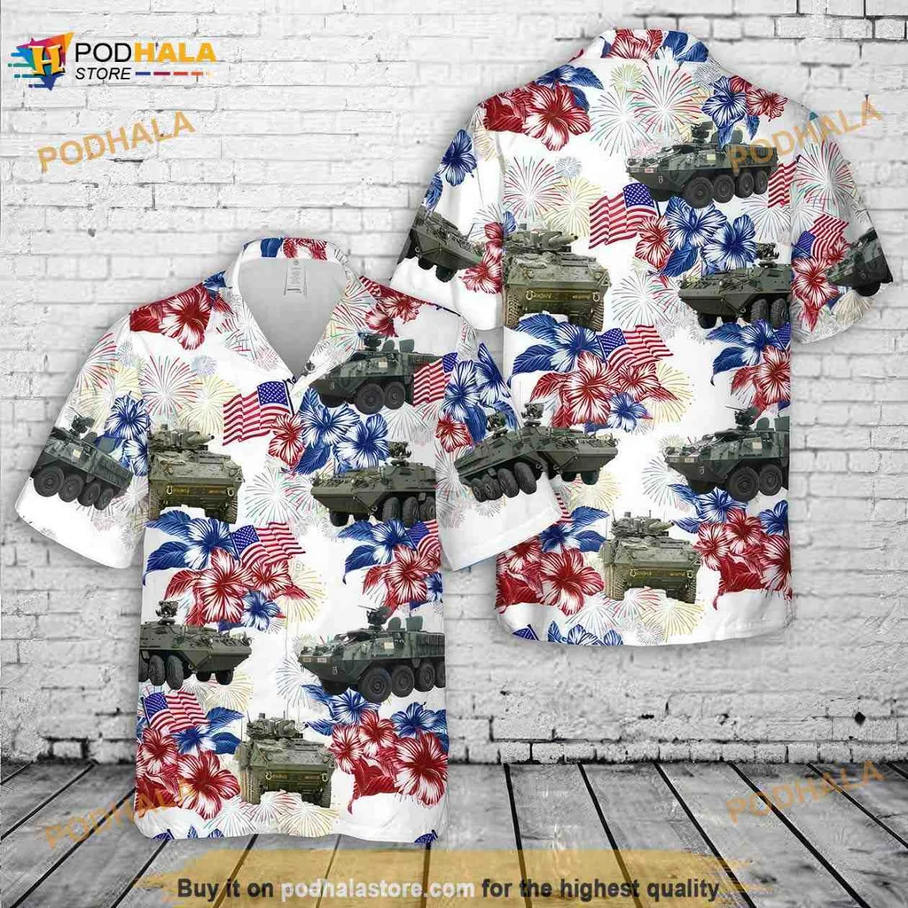 Us Army Stryker Tank Hawaiian Shirt With American Flags And Tropical Flowers
